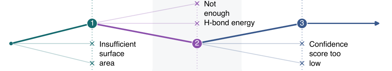 Trajectories branch at successive checkpoints. Branches with insufficient surface area, insufficient hydrogen-bond energy, or low confidence are terminated.